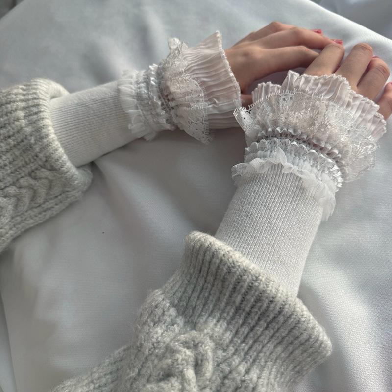 Women Long Elastic Arm Sleeve Lace Knitting Wrist Cuffs Winter Comfort Soft Mittens Girls Lolita False Cuffs Sweater Decor 22cm