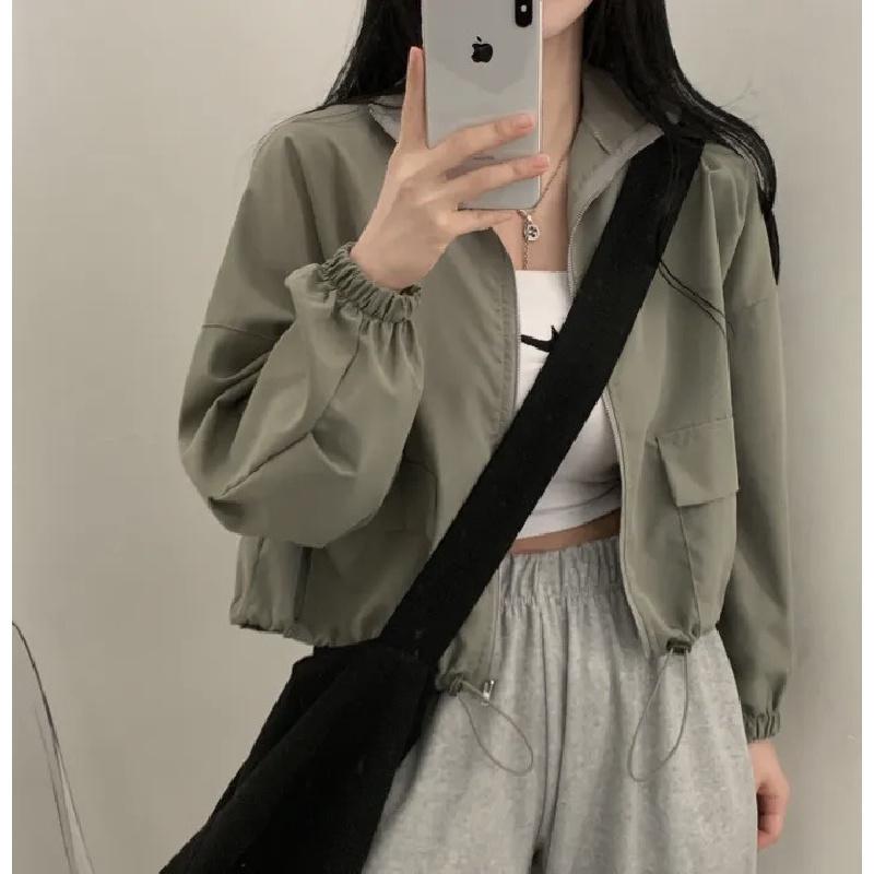 Vintage workwear drawstring short baseball jacket coat for women with a high-end, niche outerwear design