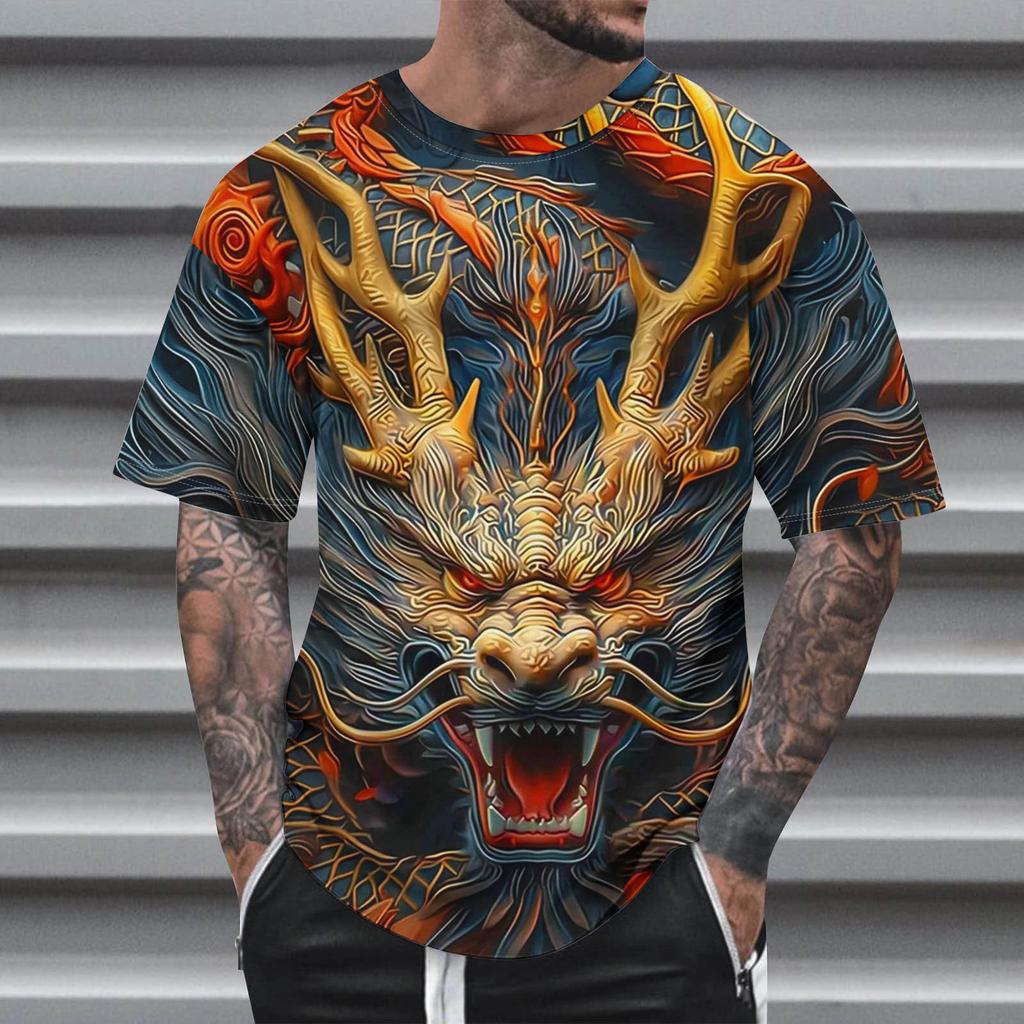 Animal  Dragon Pattern 3D Print Round Neck Short Sleeve Men's T-shirts Oversized Harajuku Tops