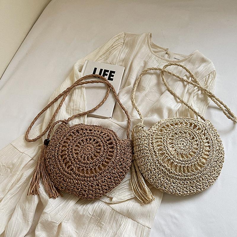 Women Hollow Straw Bag Circle Rattan Bag Round Soft Paper Rope Shoulder MessengerBag Tassel Summer Beach Handmade Crossbody Bags