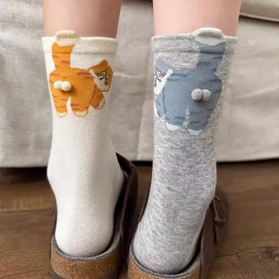 1pair Print Skin-Friendly Colorful Breathable Egg Cat Socks Warm Daily Cute Multi-element Comfortable Cartoon Lightweight Feel