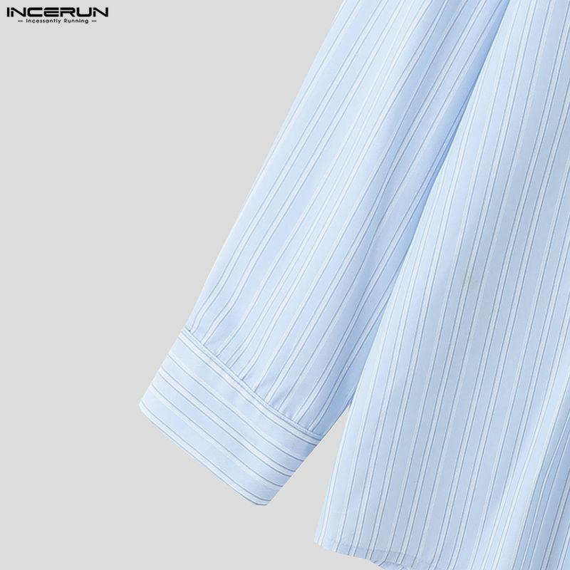 INCERUN Men Lapel Neck Long Sleeve Striped Print Bow Knot Casual Oversized Shirts