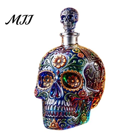Niche Atmosphere Bar Decor Day of The Dead Wine Glass, with 3D Relief Painting, Hand-Painted Decorative Glass for Home Gothic Skull Whiskey