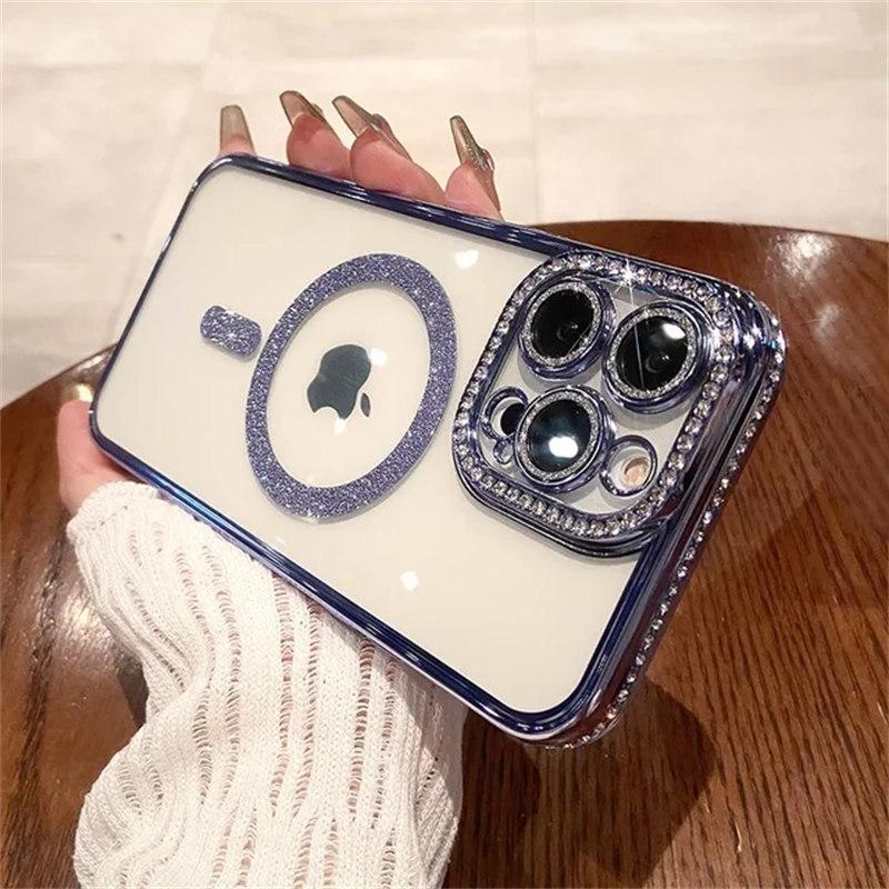 Luxury Diamond Glitter Woman Case For iPhone 15 14 12 11 13 Pro Max Plus For Magsafe Magnetic Wireless Charge Cover Accessories
