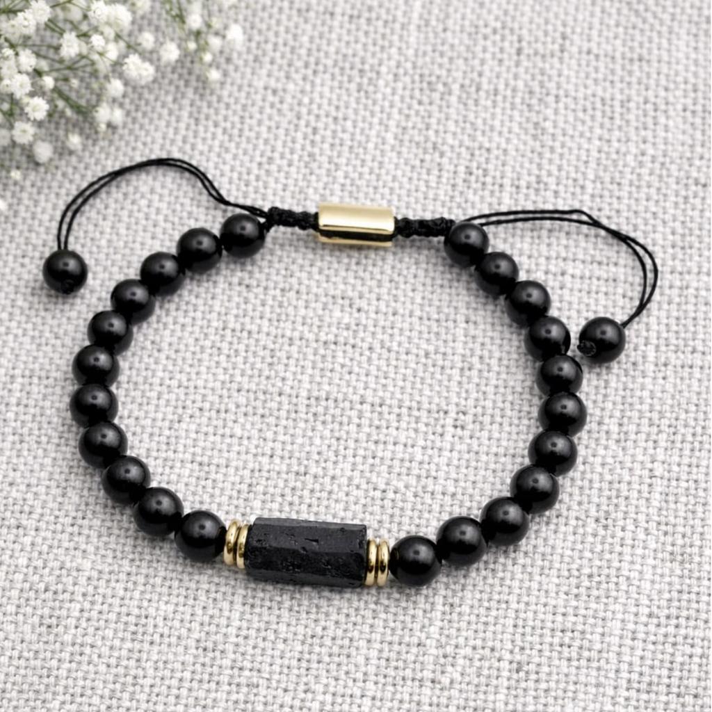 Tourmaline Obsidian Black Lucky Stone Bracelet On a String, Adjustable