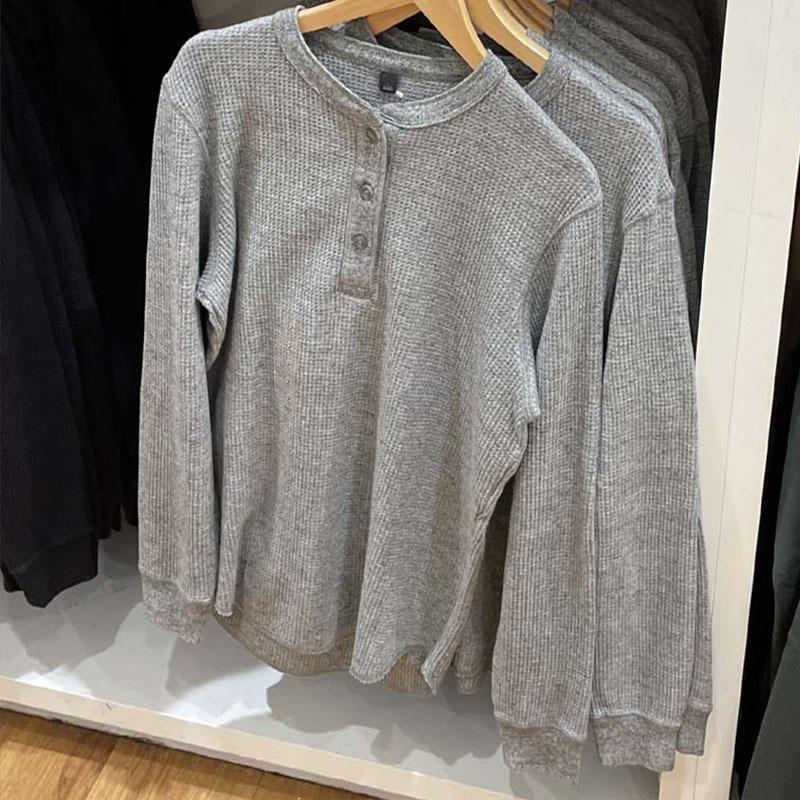 Men Women Long Sleeve Pullover T Shirt Waffle Knit Henley Neck