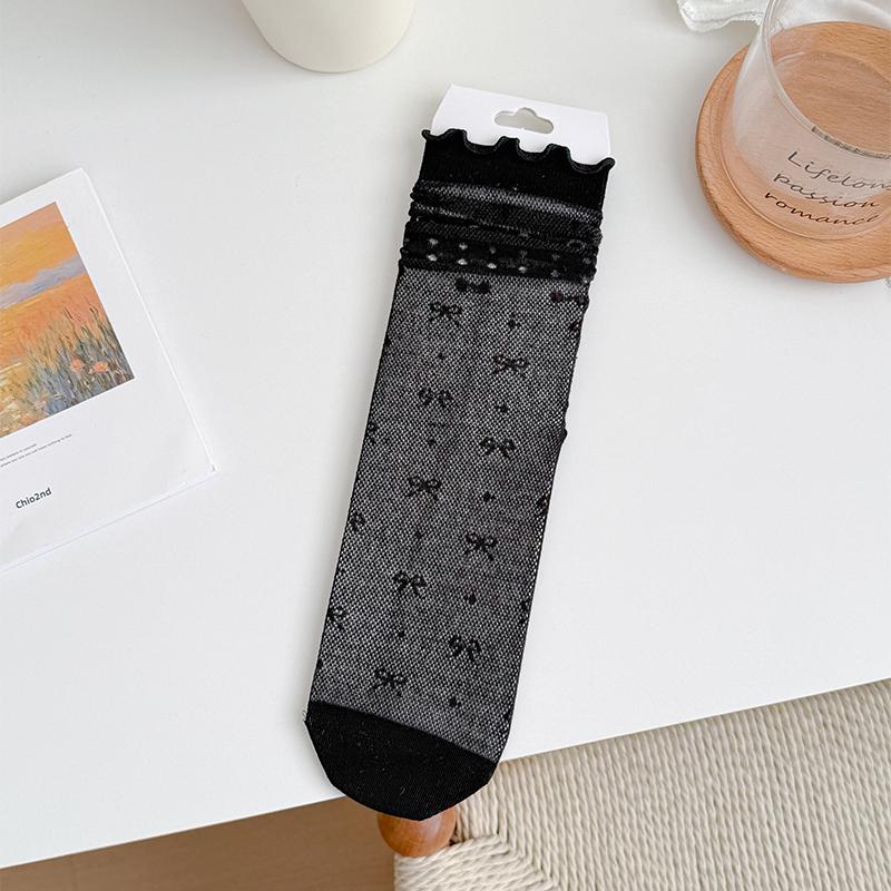 Women Thin Breathable Silk Socks 2 Pairs with Bowknot Design French Style Summer Mesh Lace Breathable Female Fashion Stockings