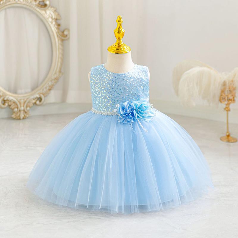 Girls Sleeveless Sequin Floral Mesh Dress with Puffy Skirt