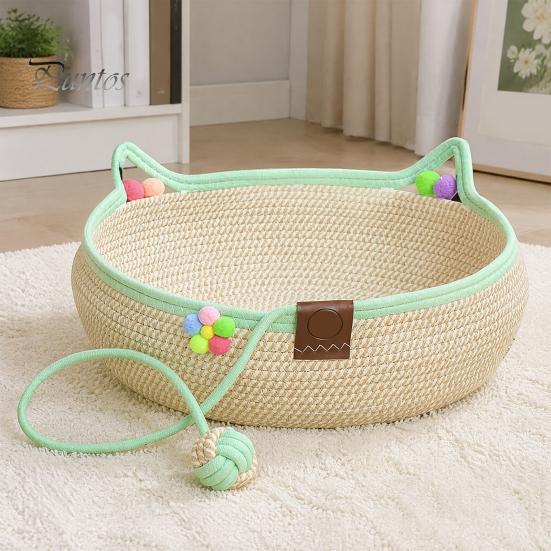 Cozy Cat Bed for All Seasons Handwoven Cotton Rope Bed, Scratchable Indoor Sleeping Basket, Breathable Woven with Pad Round Pet House Cats Kittens And