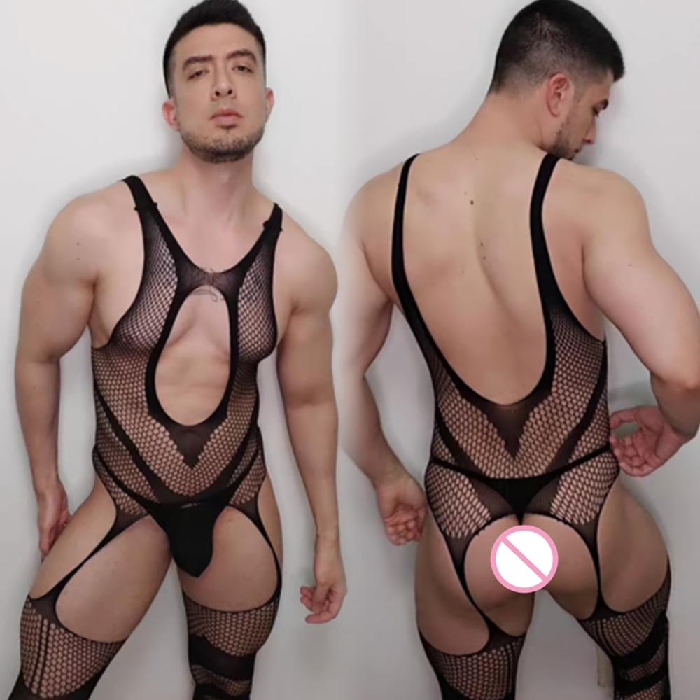Men Sexy Lingerie Exotic Fishnet Bodystocking Jumpsuit Mesh Net See-through Long Sleeve Bodysuit Gay Sleepwear Club Wear