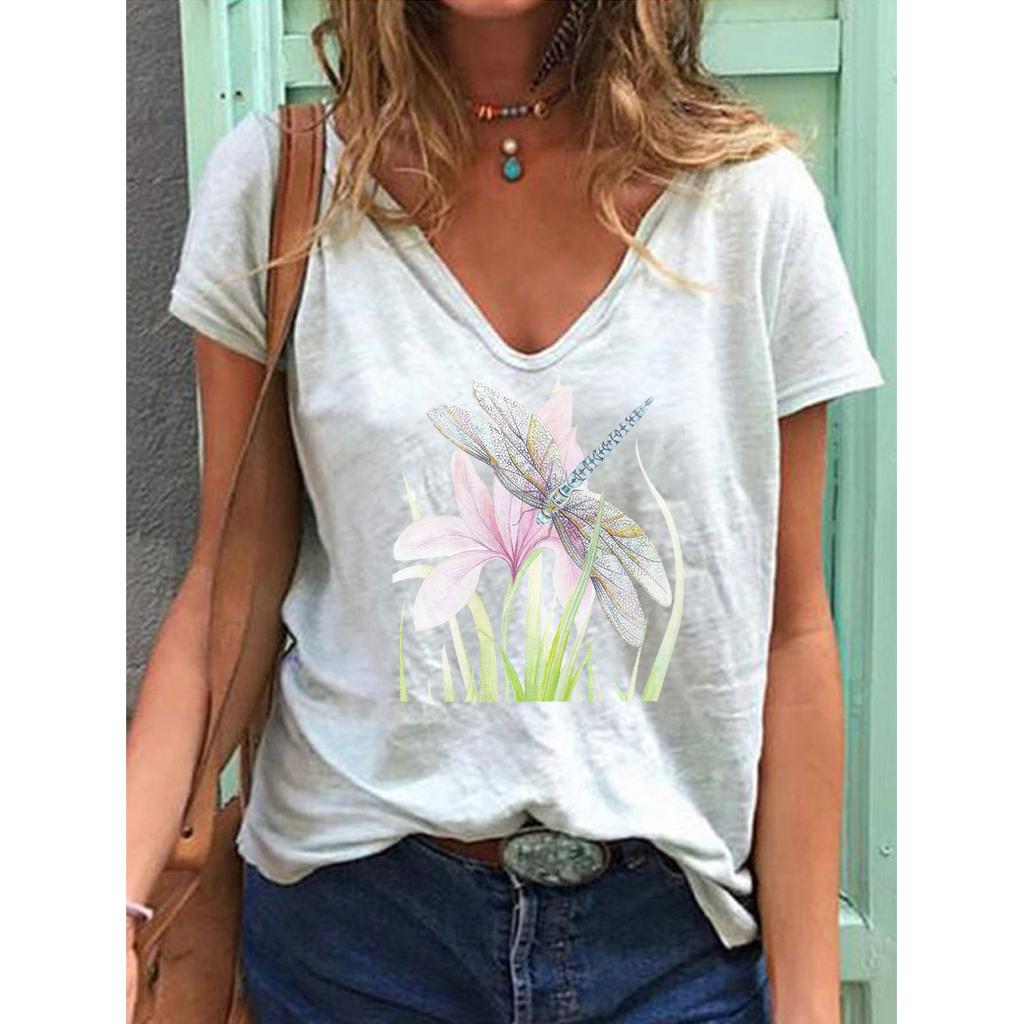 New 3D Printed Short Sleeved Women's Summer Casual Flower and Bird Print V-neck T-shirt