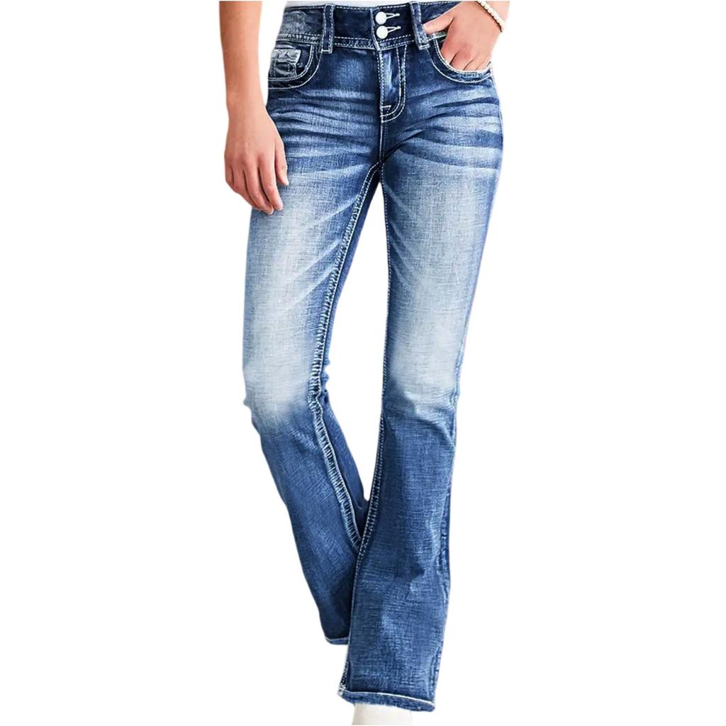 Fashion Women's Slim Fit Flared Casual High Waist  Blue Jeans With Pockets