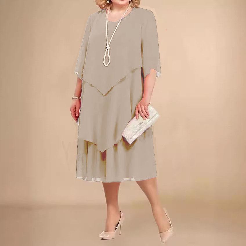 Elegant Chiffon Dress with Asymmetrical Overlay, Knee-Length, Round Neck, 3/4 Sleeve