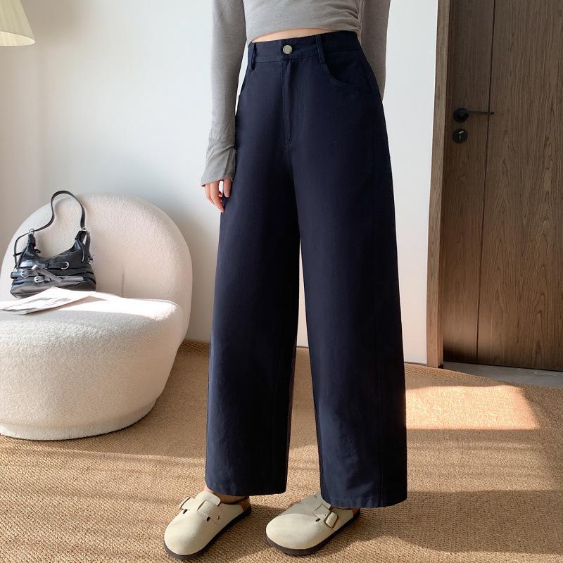 Women's Plum Purple Wide-Leg Washed Cotton Denim Pants - Autumn & Winter Casual Straight-Leg Nine-Point Trousers