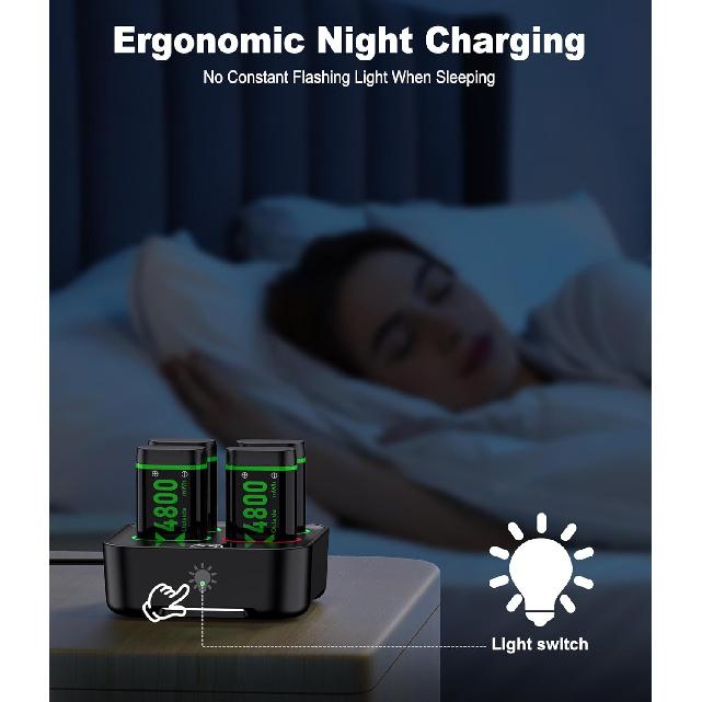 Upgraded Fast Charging Rechargeable Battery Packs with Light Control, 4 X 4800mWh Xbox Controller Batteries with Battery Charging Dock/Station for
