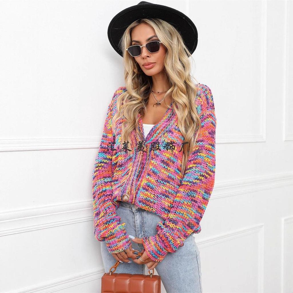 2026 Winter Tie-Dye Colorful Knit Cardigan Button-Up Sweater Plus Size Women's Fashion Knitwear