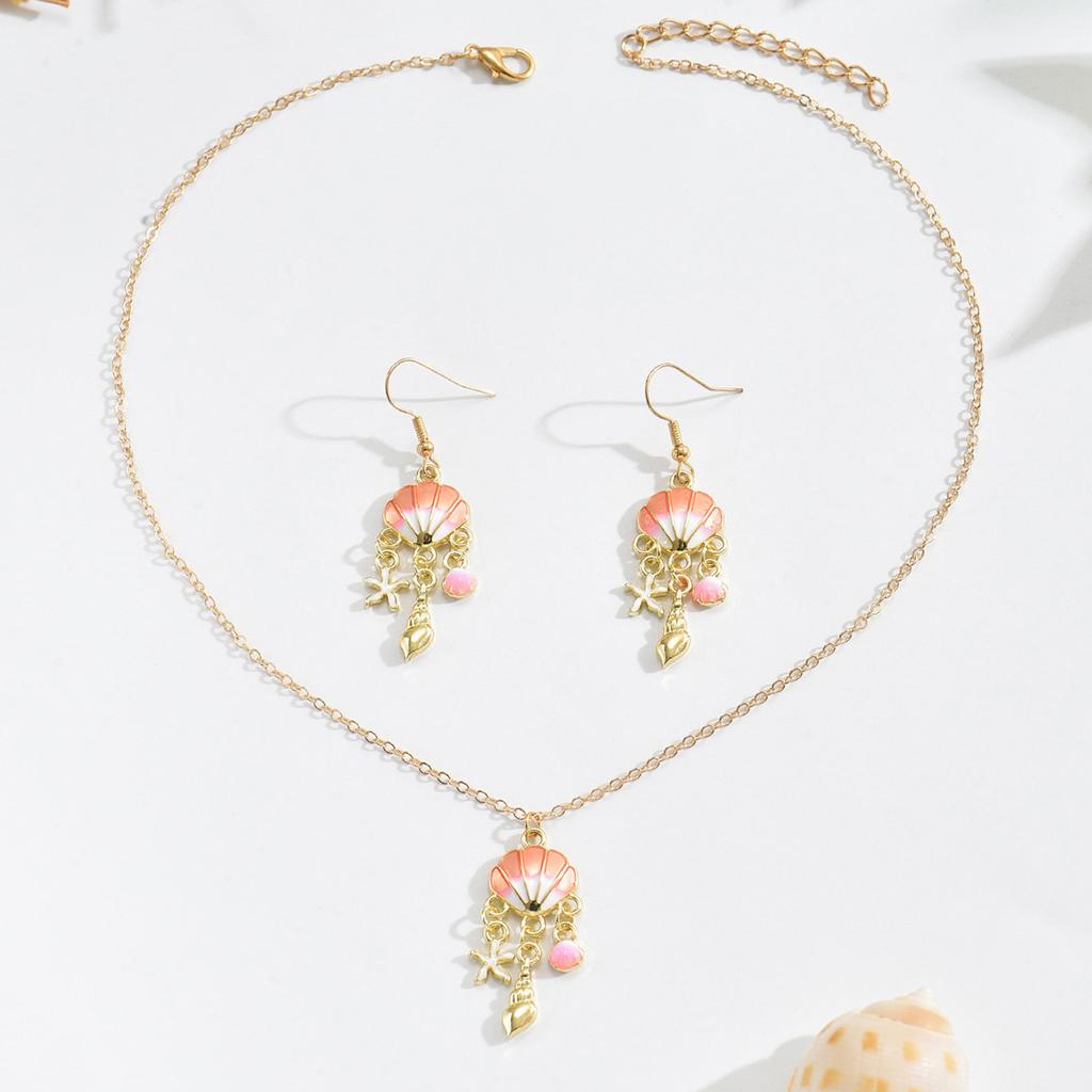 European and American Beach Ocean Wind Simple Jewelry Set Fun Drip Starfish Scallop Conch Earrings Necklace Women