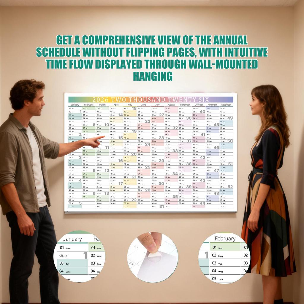 2026 Large Wall Calendar 12-Month Vertical Hanging Planner Big Grid Paper for Office & Home, School Classroom Planning