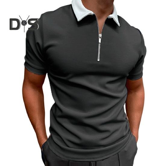 Pánské tričko s krátkým rukávem a zipem, jednobarevné, s klopou, ležérní, slim fit, letní top na dovolenou, do práce, sport