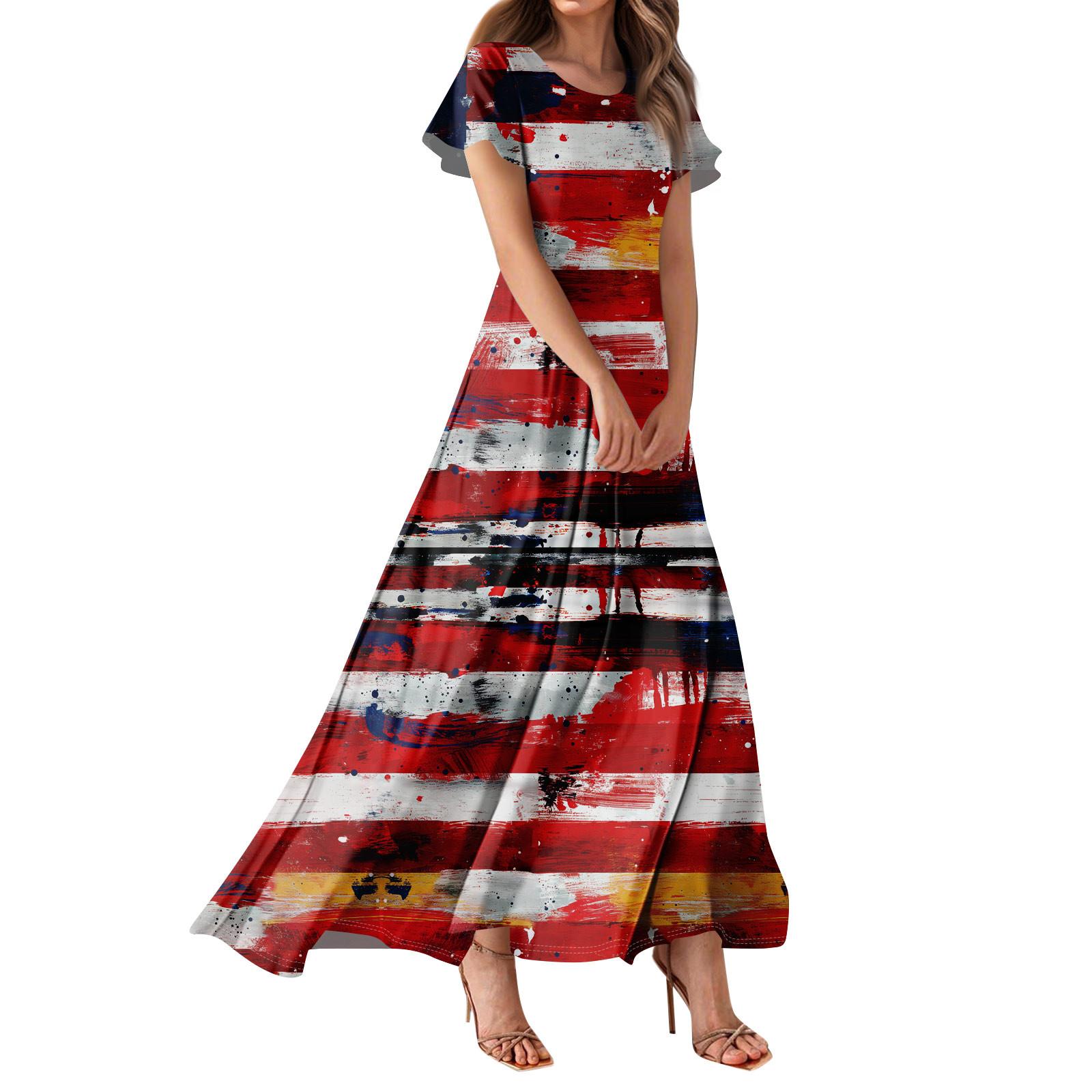 

Women s Independence Day Flag Print Casual O-Neck Short Sleeve High Waist Dress XL винний