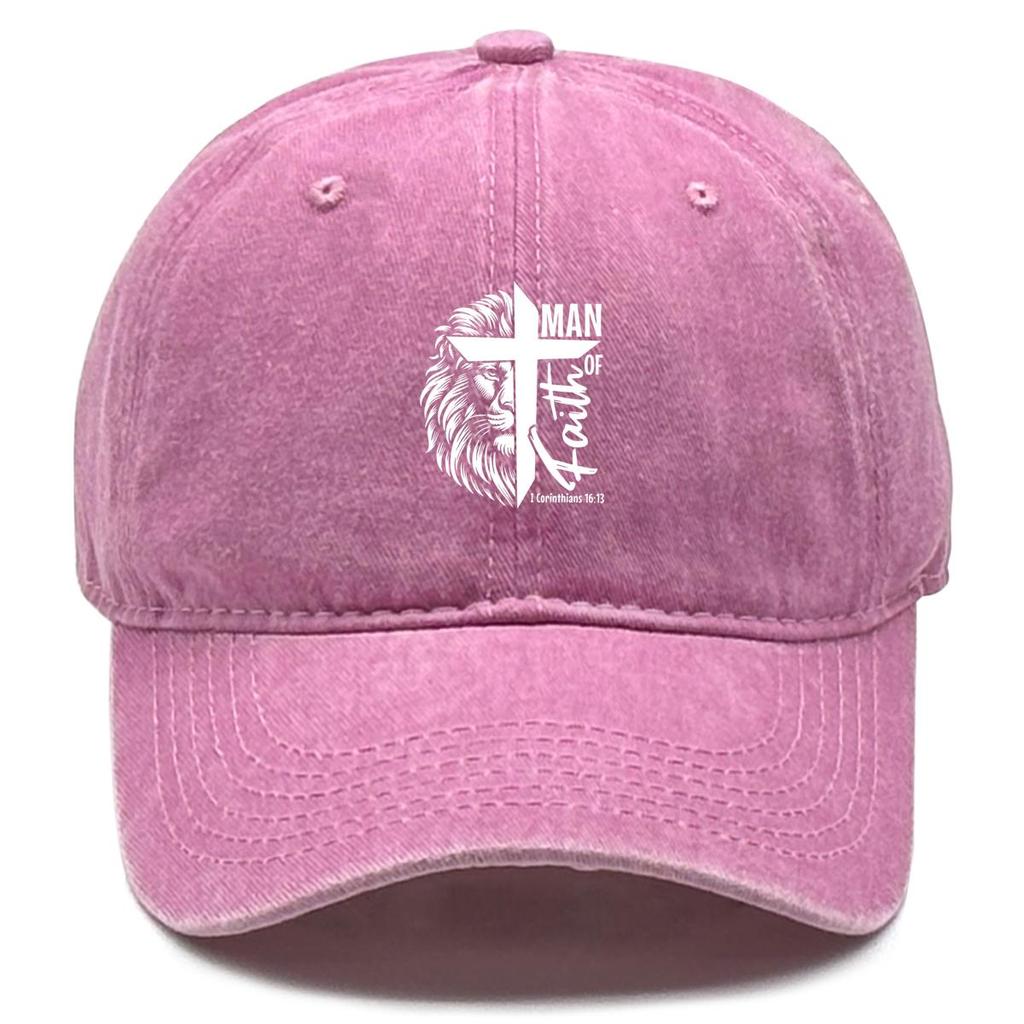 Lion of Judah Cross Print Snapback Baseball Cap, "MAN OF Faith" Flat Cap Sun Protection Curved Brim Sporting Distressed Adjustable Sun Hat