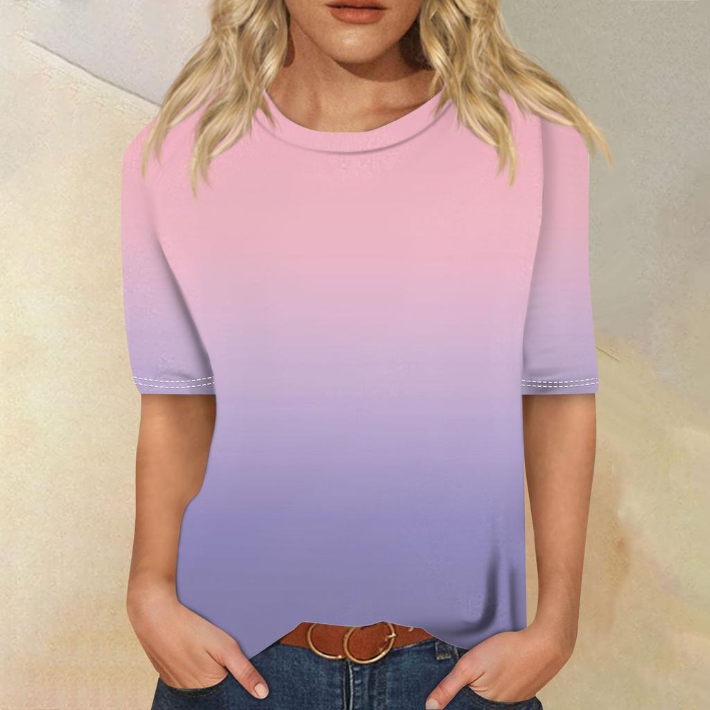 Modisches, lässiges Top mit drei halben Ärmeln und abgestuftem Druck für Damen mit Rundhalsausschnitt