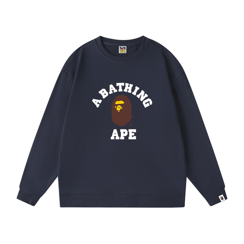 BAPE Spring/Autumn Pure Cotton Terry Men's Sweatshirt - Round Neck, Letter Print, Loose Fit, Unisex, Trendy Monkey Head Design
