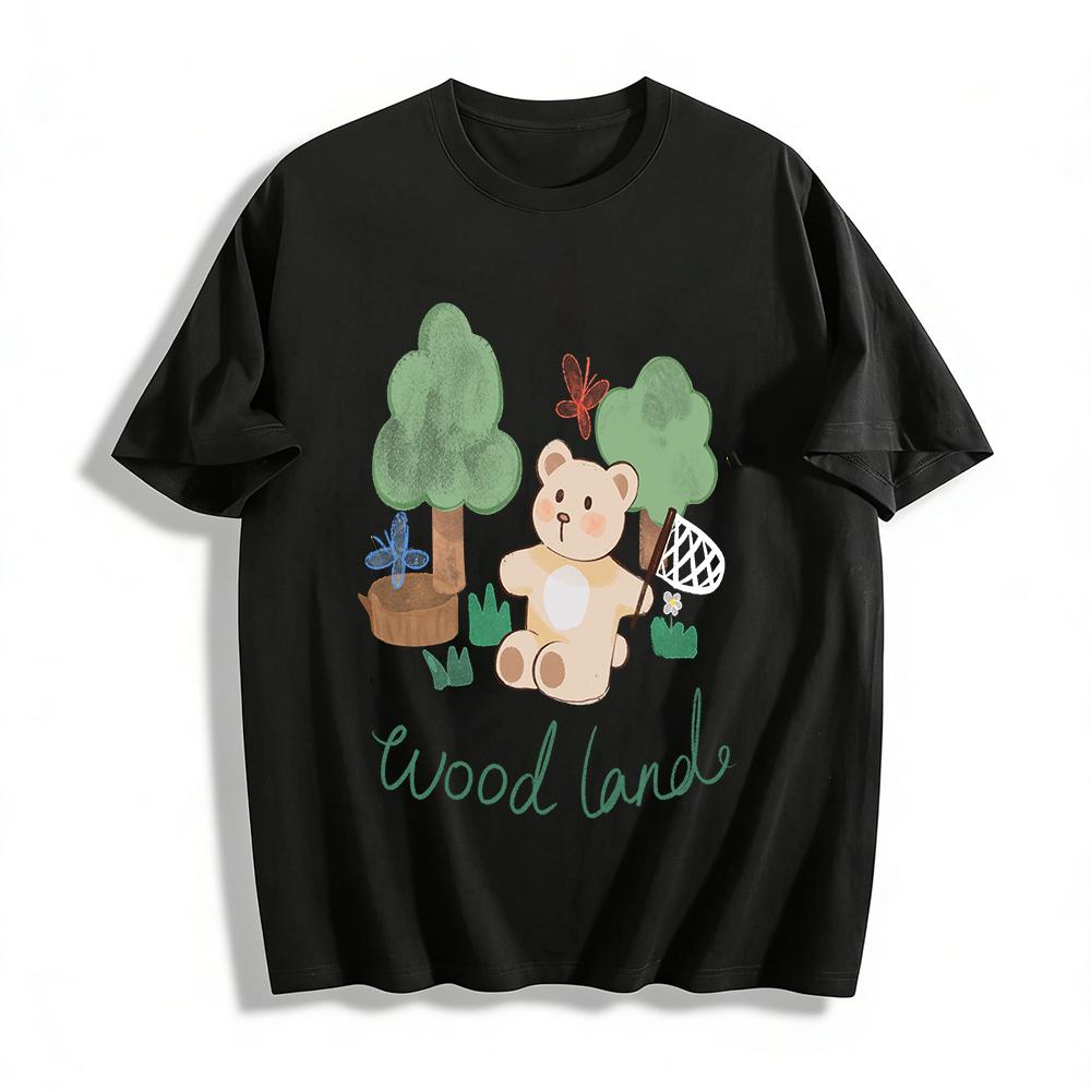 

Woodland Bear Print Casual T-Shirt Loose Breathable Top for Adults and Kids Daily Wear Pure cotton T-shirt 6XL