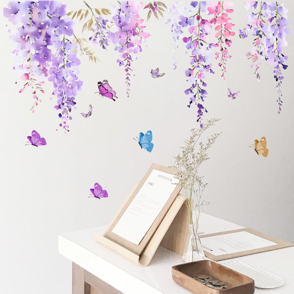 Colorful Pink Purple Wisteria Butterfly Flower Wall Sticker Self Adhesive Decal for Bedroom Living Room Hallway Home Decor