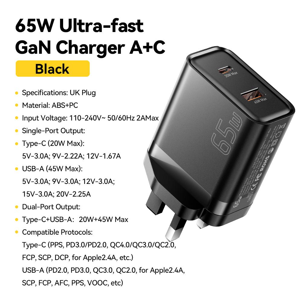 Încărcător GaN 65W QC 4.0 PD 3.0 Tip C Încărcător USB pentru iPhone 15 14 13 Pro Max Samsung Xiaomi MacBook Laptop Încărcătoare Rapide
