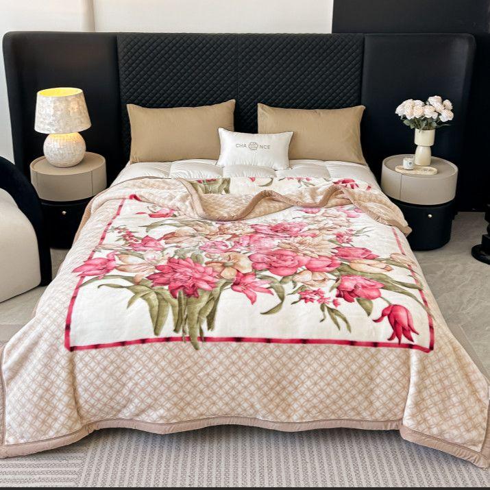 Double Layered Printed Thickened Raschel Soft Blanket Heat Retention Warm Quilt No Shedding Colorfast Anti-static Travel Throw