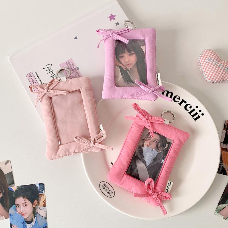 Simple Bow Card Holder Keychain Cute Portable Photocard Cover Idol Photo Card Holder Protective Cover Bag Pendant Gifts