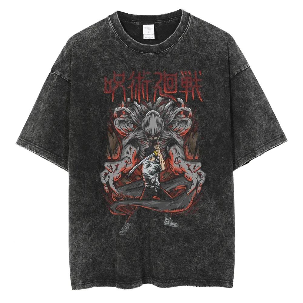 Japanese Anime Jujutsu Kaisen Men Women Oversized Washed T Shirt Streetwear Print Tshirt Casual Cotton Tee Loose Retro T-Shirt