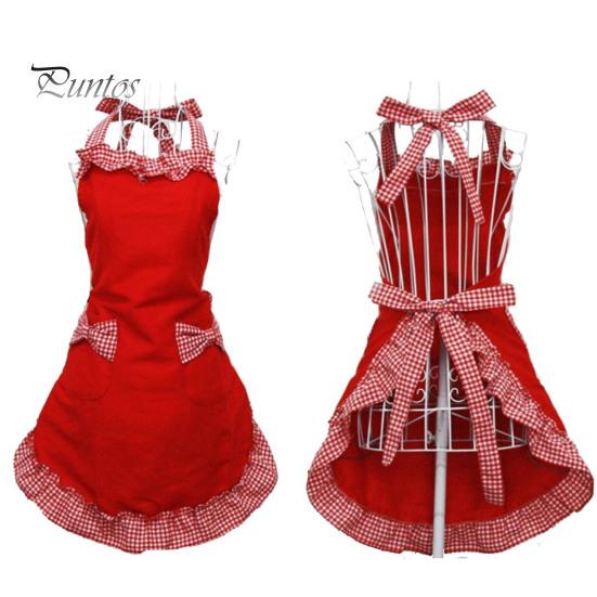 Women Cute Bowknot Decor Pocket Apron Plaid Print Splicing Adjustable Lace-up Kitchen Flirty Apron Mother Day Gift