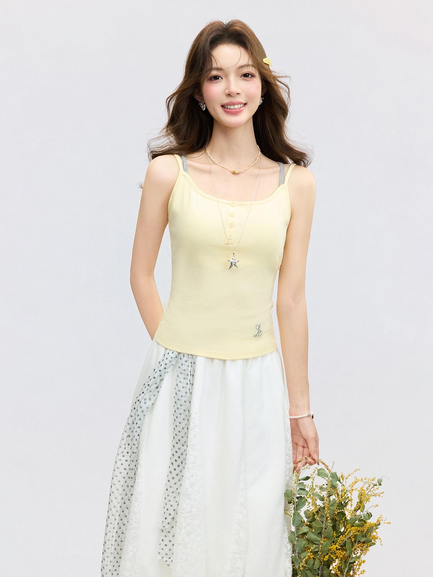 

Korean yellow embroidery with chest pad integrated sling vest spring new cross beauty back slim top women S