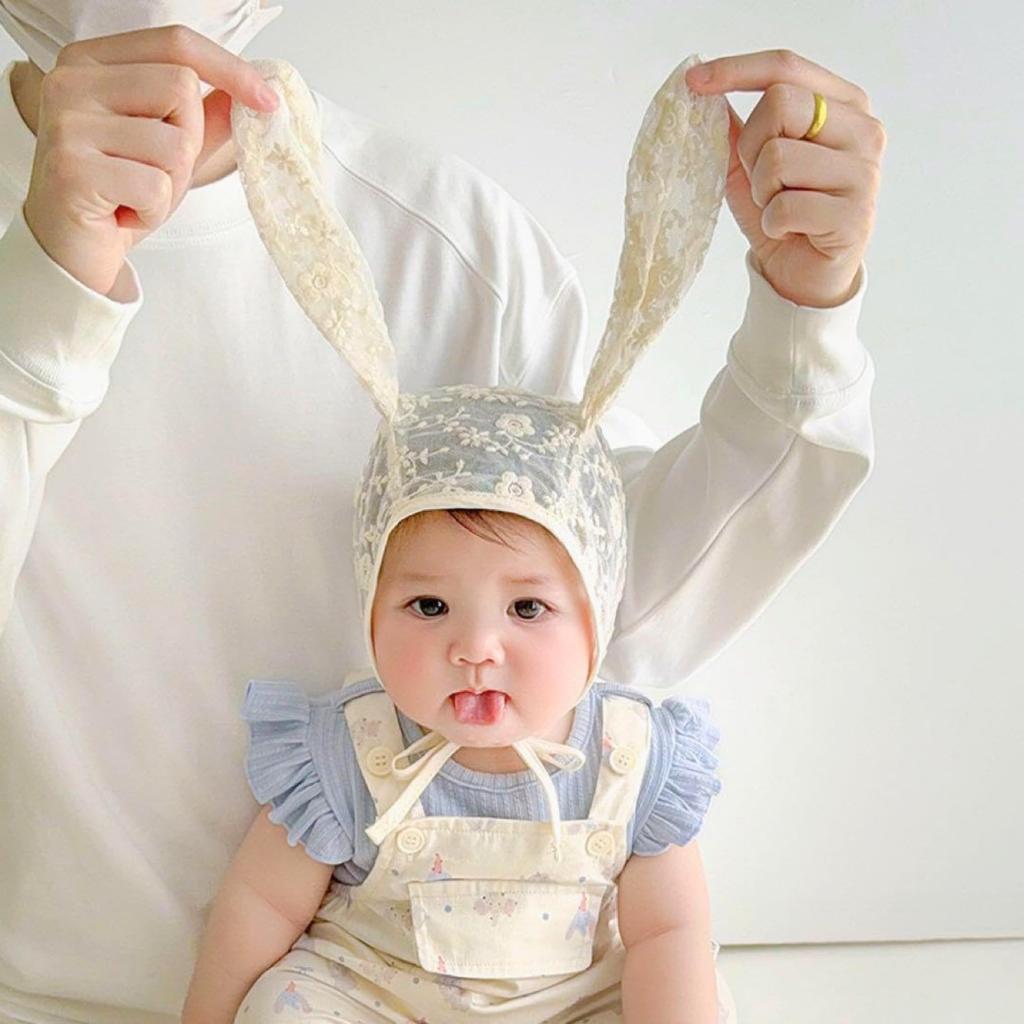 AYHM Newborn Hat with Rabbit Baby Babushka Size for Newborns Mesh Baby Baby Hat Ears, Bonnet, Beige, Lace, 38-44cm, (0-1 Years), Rabbit, Lace,