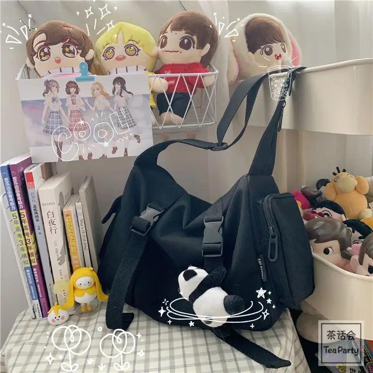 Harajuku Canvas Messenger Bag Solid Color Women Crossbody Bags Large Capacity Shoulder Bag Multiple Pocket Bolsos Sac