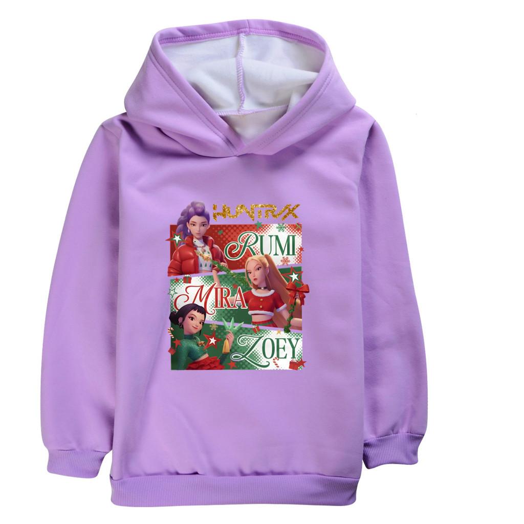 5181 Kids Girls Christmas New Year Kpop Rumi Zoey Mira Print Casual Long Sleeves Velvet Warm Winter Hoodie