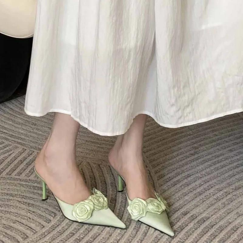 Fashion Pink Rose Flower Mules Stiletto Heels Pointy Toe Satin Slip On Summer Sexy Lady Elegant Dress Bride Wedding Sandals Slippers