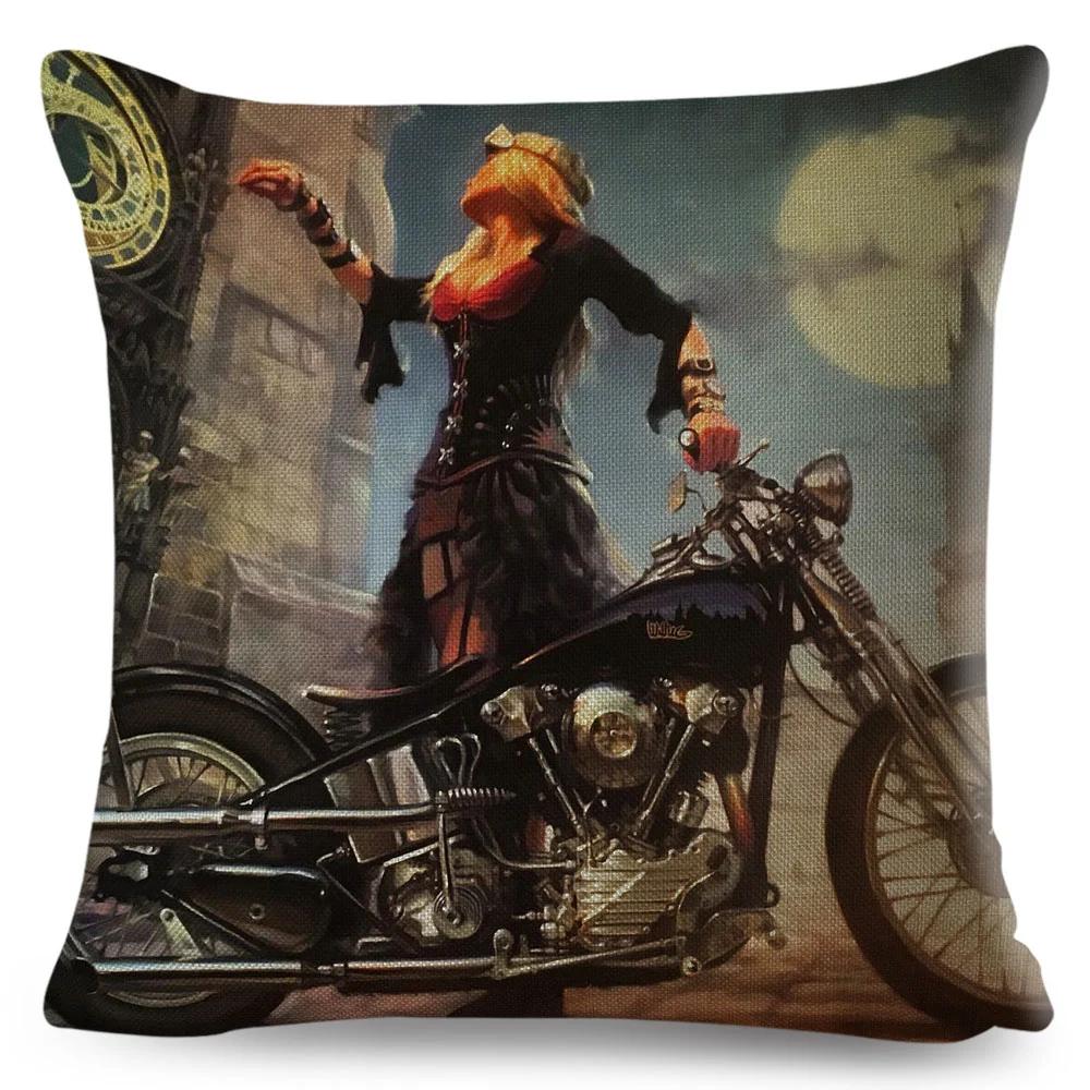 Vintage Sexy Motorrad Lady Kissenbezug Dekor Ölgemälde Cartoon Frauen Kissenbezug für Sofa Auto Polyester Kissenbezug 45x45