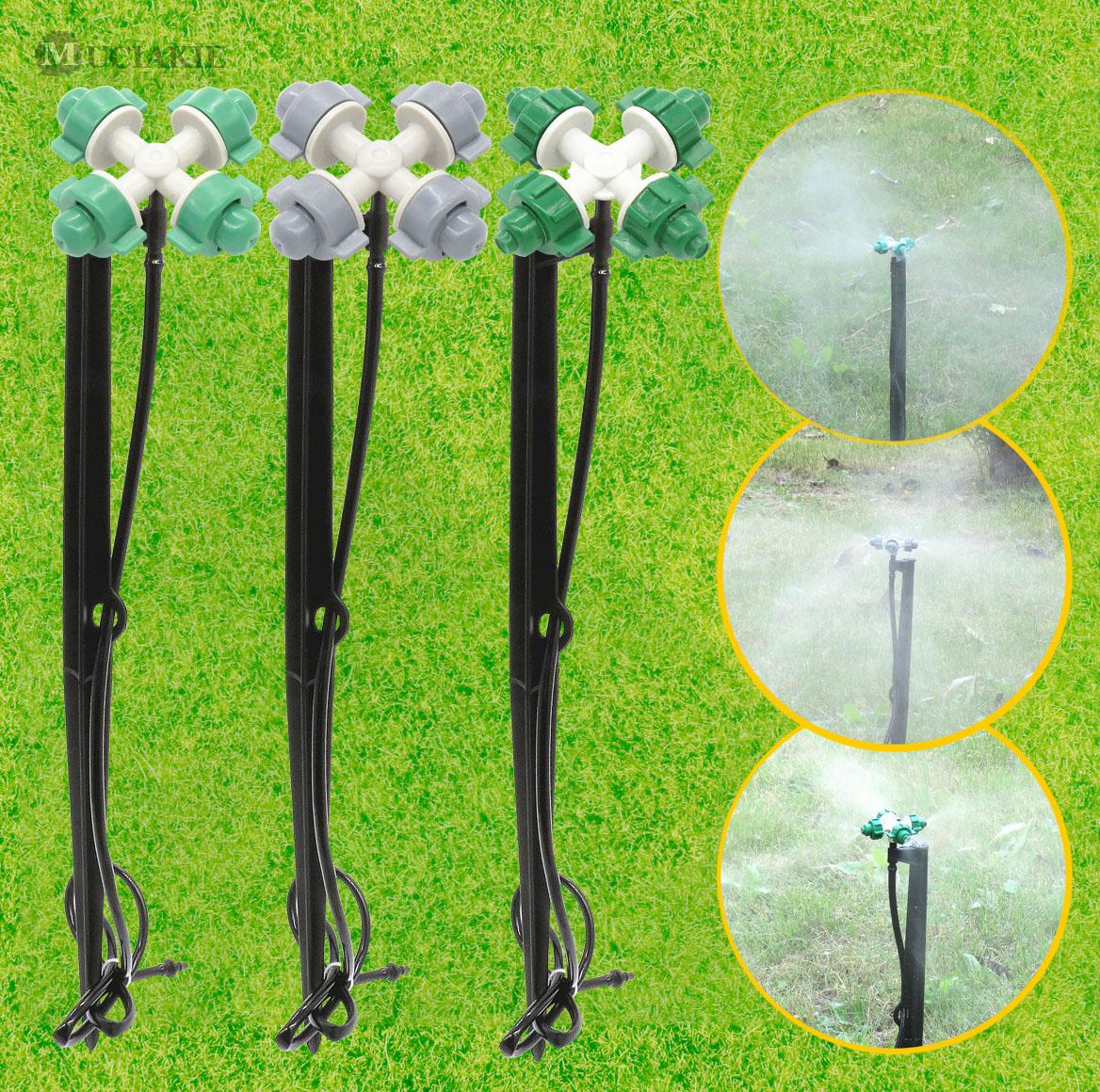 

10 SETS Mist Cross Sprinkler Nozzle with 45cm Stake 1m 1/4 Hose Barb Micro Irrigation Patio Spray Greenhouse Cooling