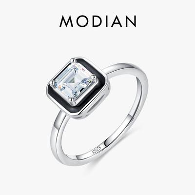 MODIAN 925 Sterling Silver Elegant Black Enamel Zircon Finger Ring Eternal Love Ring For Women Engagement Wedding Fine Jewelry