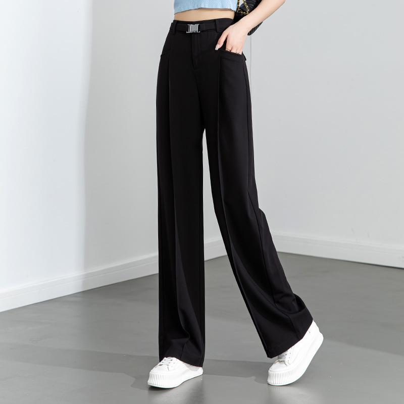 Summer thin Tencel straight-leg pants women's high-waisted thin and drape trousers loose wide-leg pants mopping dark gray belt