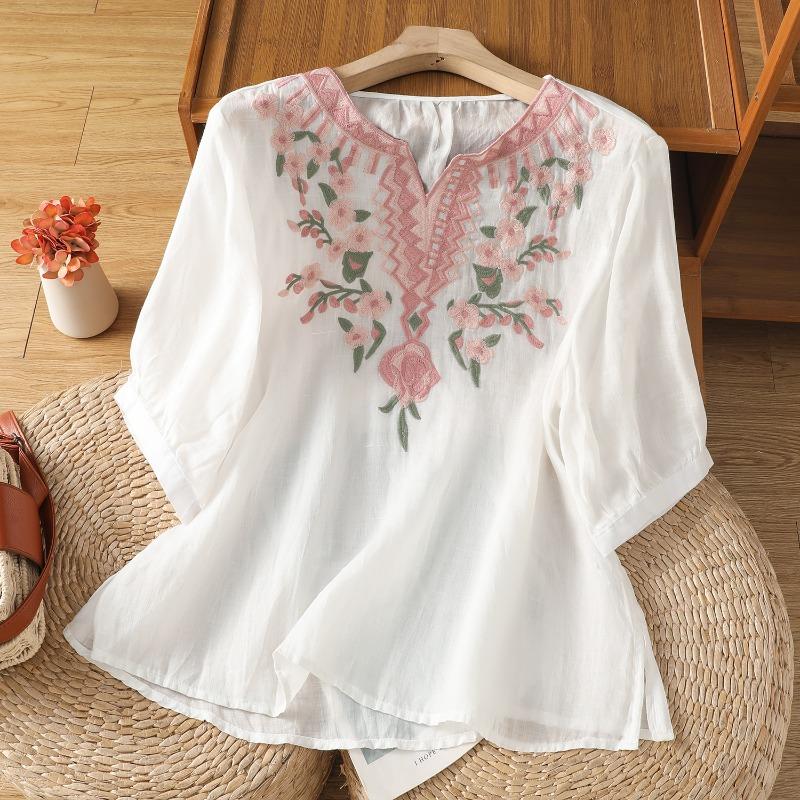 Chinese Style Women's Blouses Embroidered Vintage Shirts Loose Summer Clothing Short Sleeved Cotton Linen Women Tops
