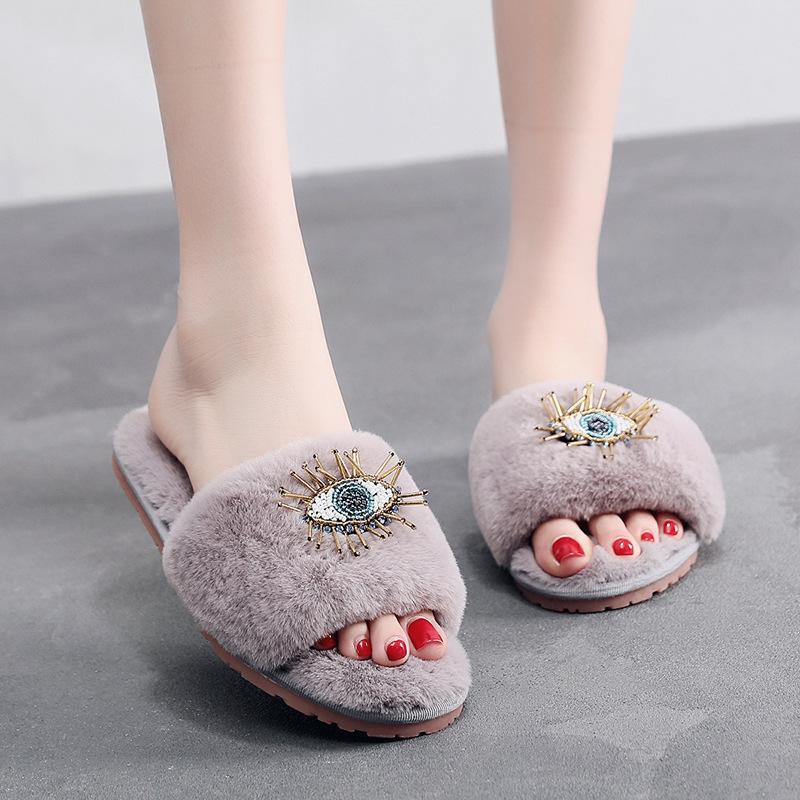 Fashion String Bead Cute Eye Cotton Slides Fashion Rabbit Plush Slippers Women Black Flip Flops Indoor Soft Sole Outside Pantuflas Danno