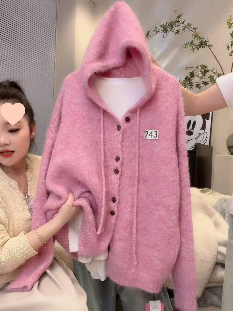 

Women s Thick Knit Hooded Cardigan - Korean Style, Autumn/Winter, Loose Fit, Soft Outerwear Sweater XL (115-130 jin)