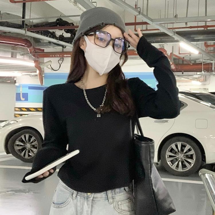 

Весенне-осенняя новая белая футболка с длинным рукавом для женщин, из чистого хлопка, приталенного дизайна, нишевая короткая внутренняя базовая рубашка XXL чёрный