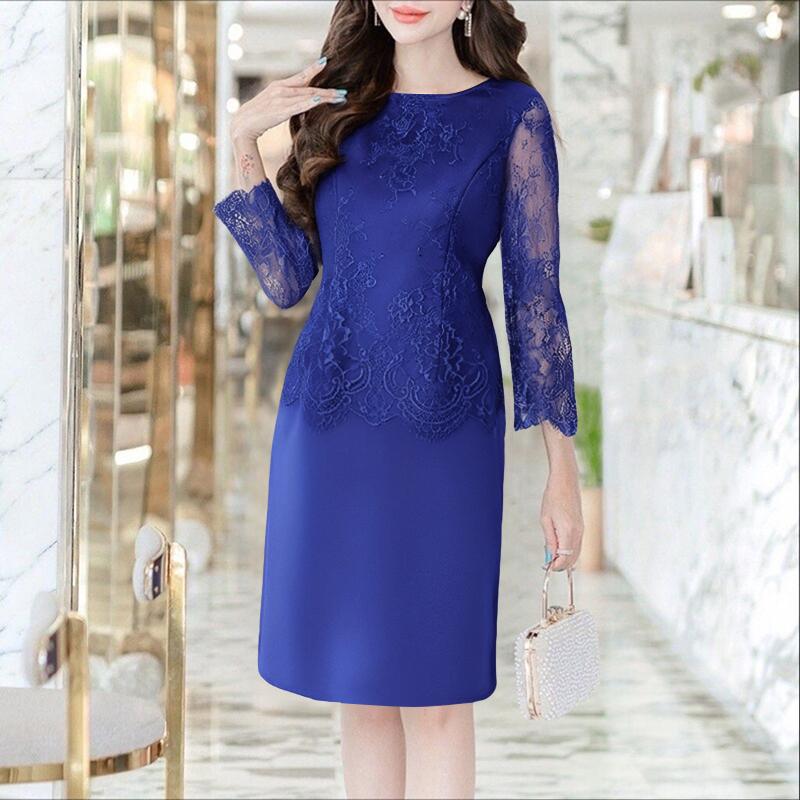 

ZANZEA Женское повседневное летнее платье-футляр с кружевными рукавами 3/4 и лоскутным дизайном 5XL темно-синий