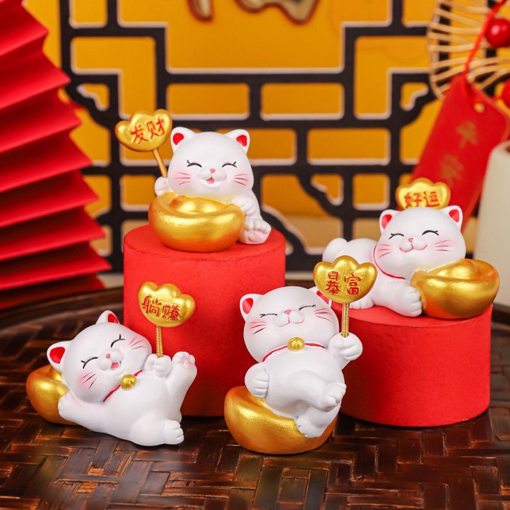 Cute Fortune Kitten Figurine Chinese Style Mini Cat Figurine Car Accessories