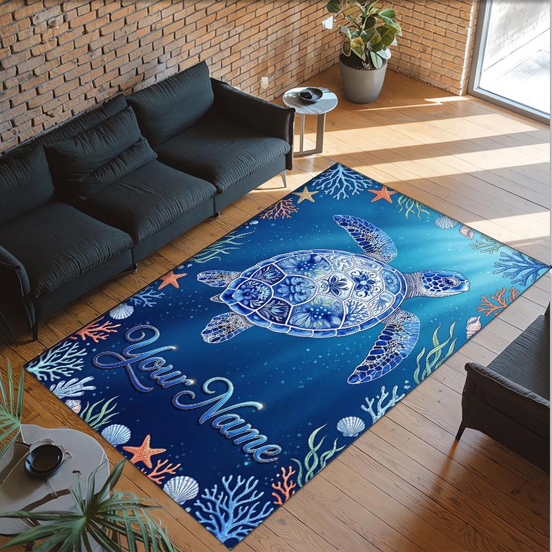 Mermaid Underwater Theme Crystal Velvet Rug Personalized Custom Name Text Soft Floor Mat Home Decor